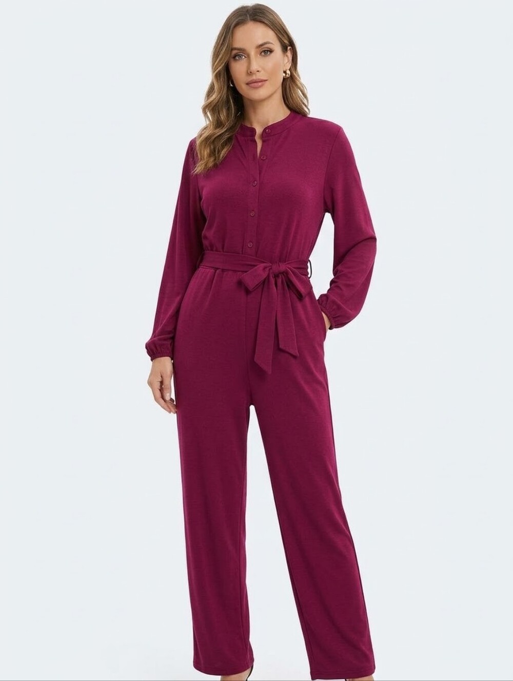 Amazon Women’s Button-Front Burgundy Jumpsuit Size XXL EUC P2P 22in.
